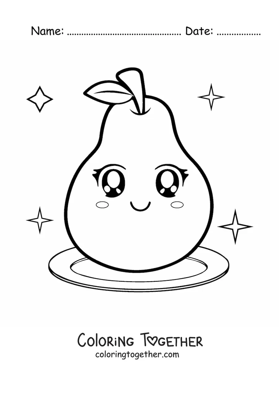 Coloring page of a large kawaii pear on a plate