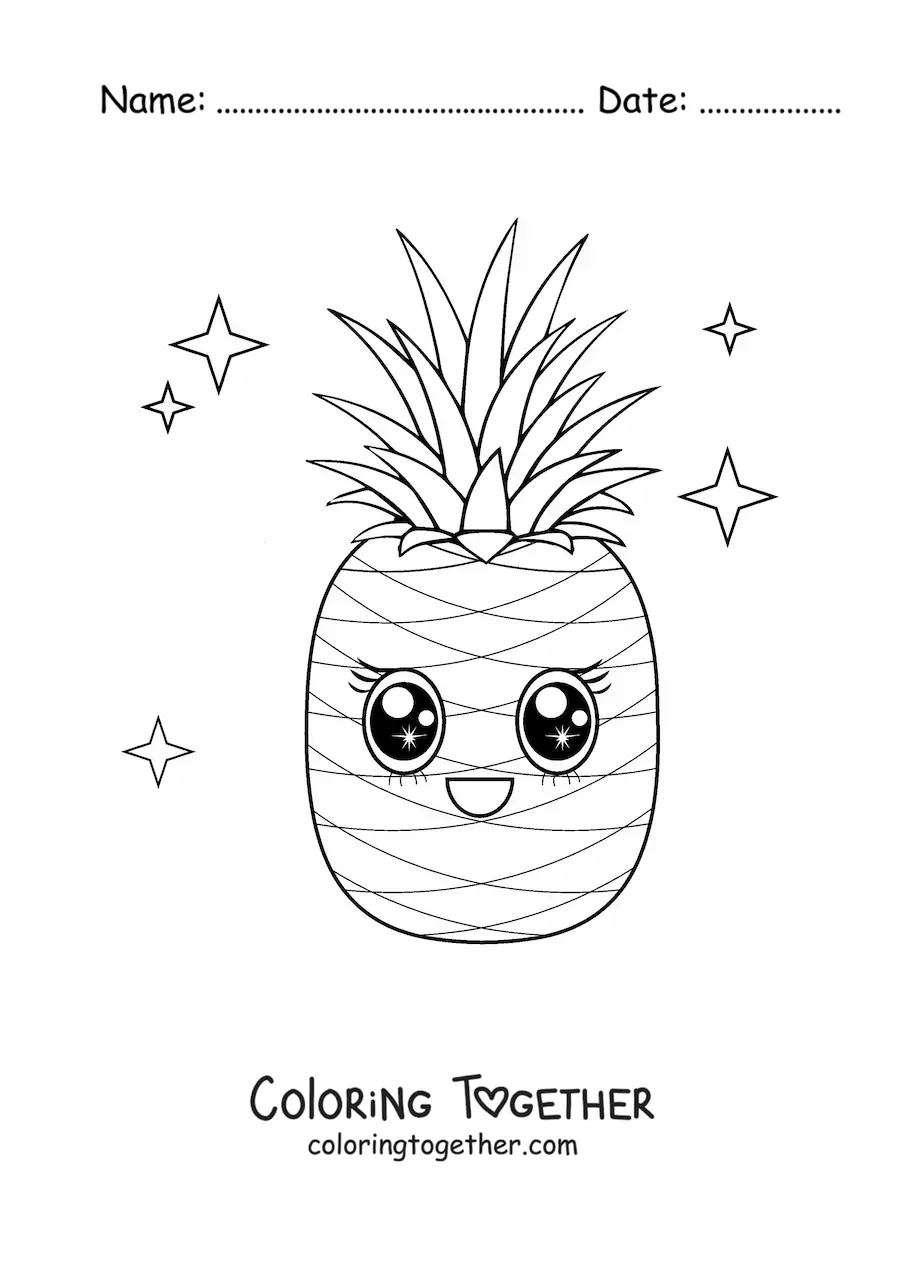 Coloring page of a large kawaii pineapple