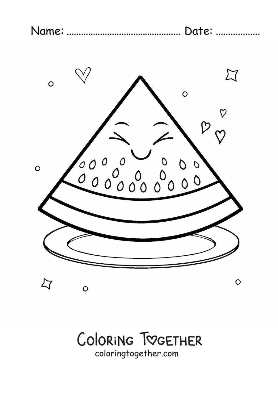 Coloring page of a large kawaii slice of watermelon on a plate