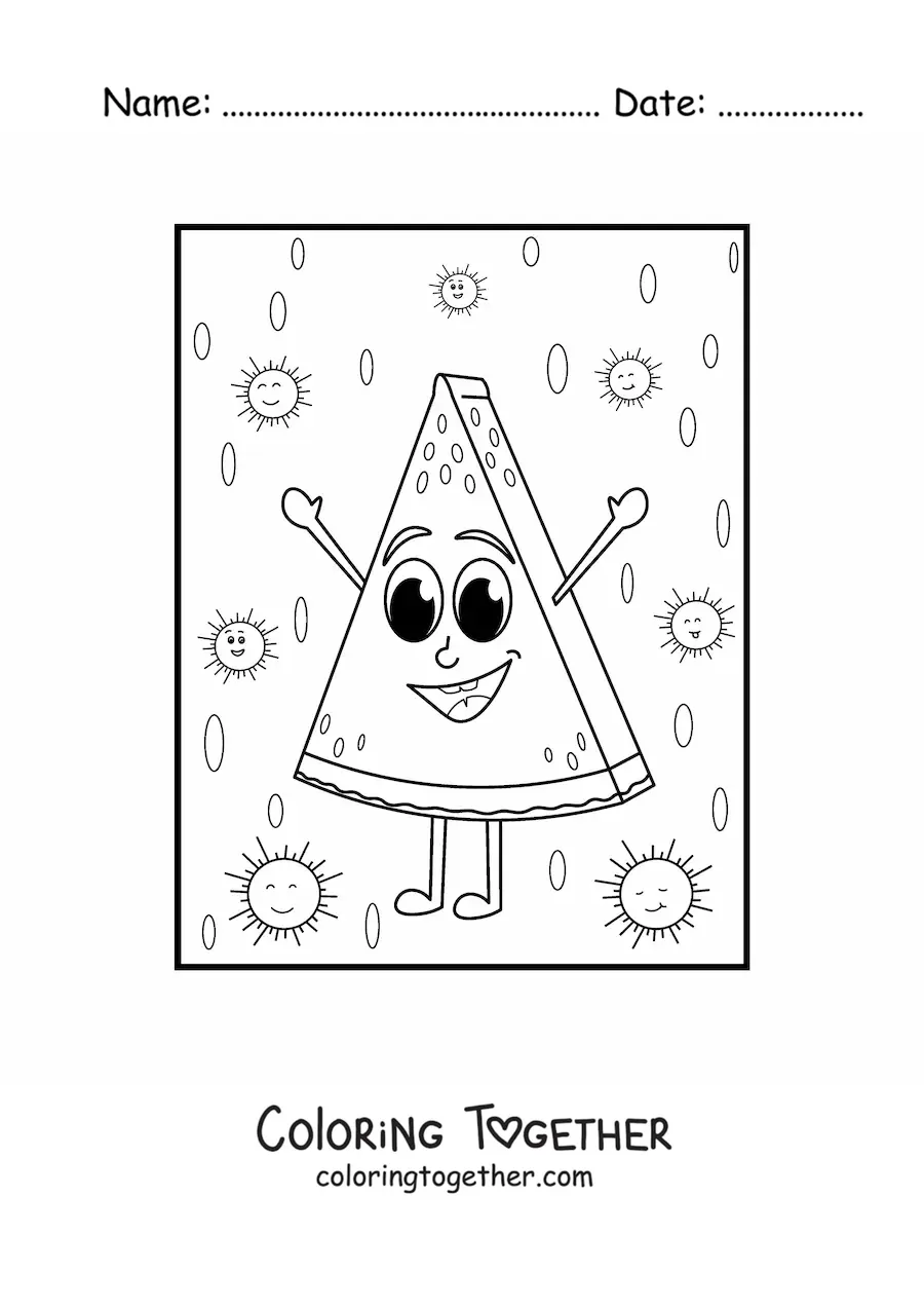 Coloring page of an animated kawaii slice of watermelon