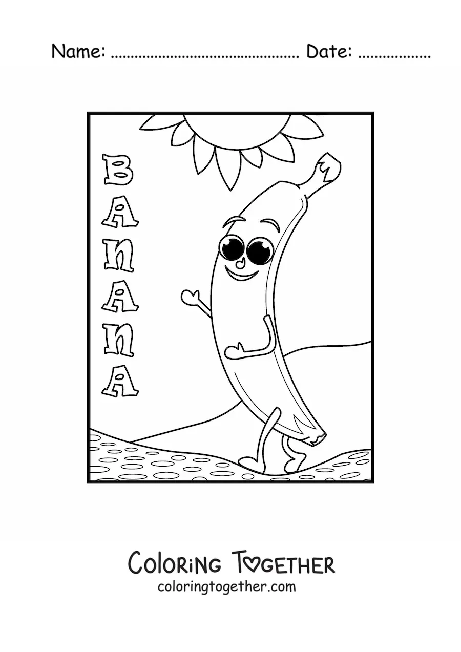 Coloring page of an animated kawaii banana