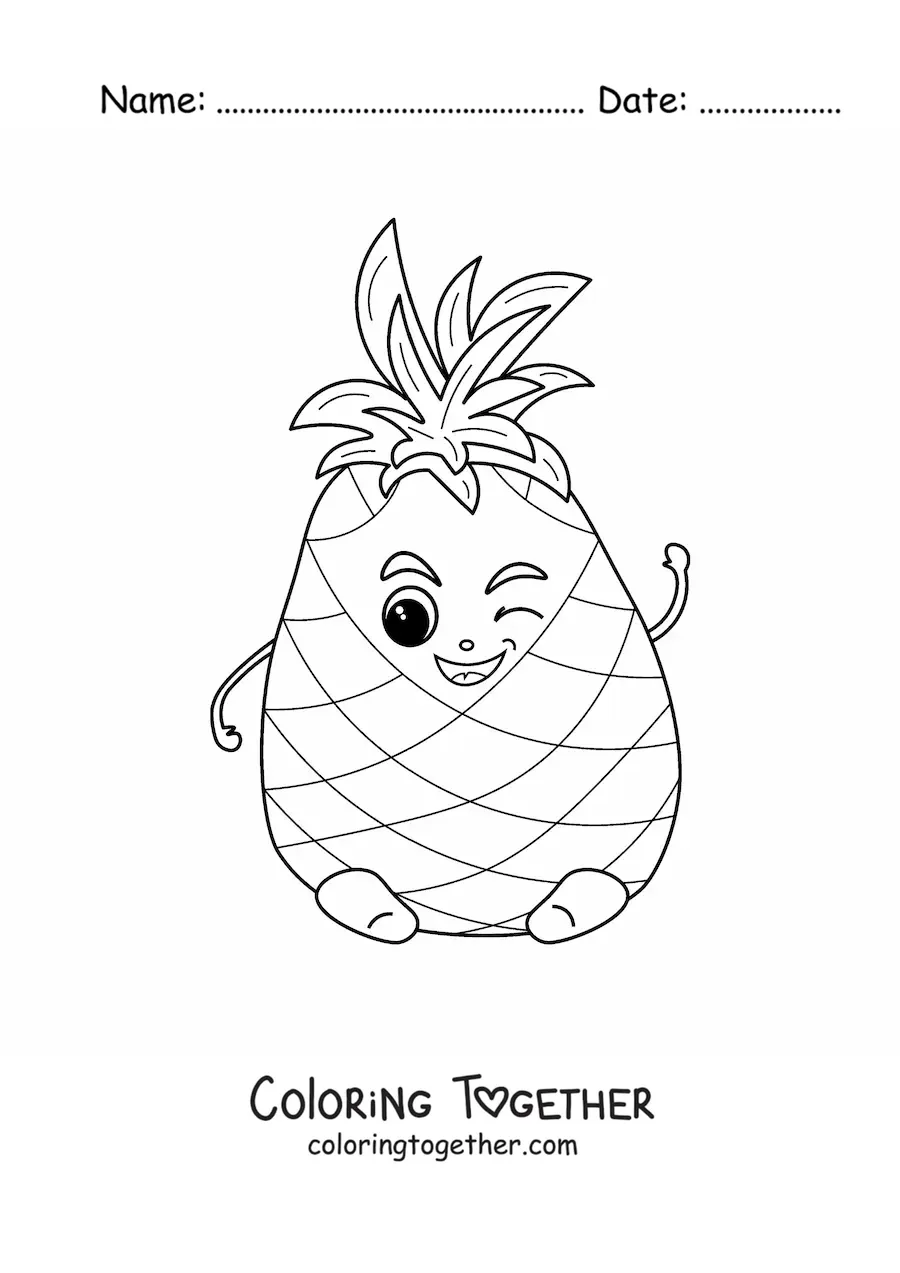 Coloring page of an animated kawaii pineapple