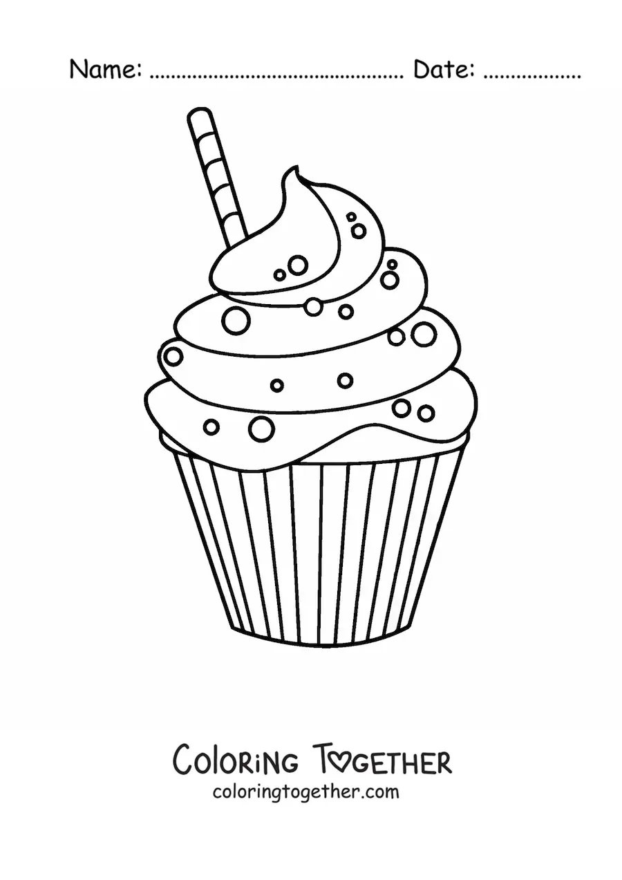 Coloring page of a cupcake with frosting and a wafer