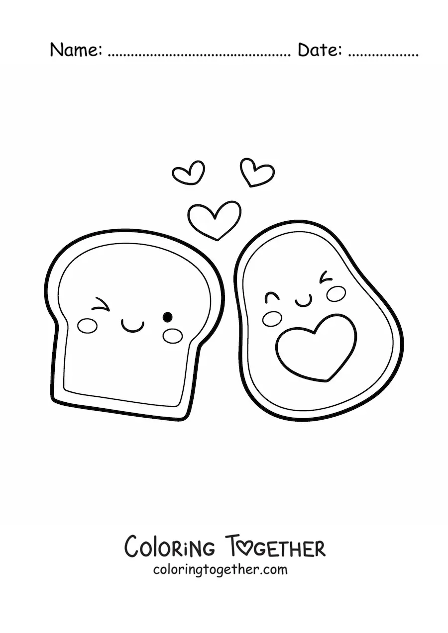 Coloring page of a kawaii avocado with animated toast