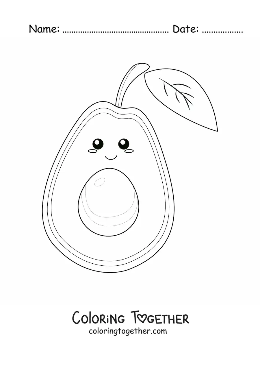 Coloring page of a kawaii avocado with a leaf