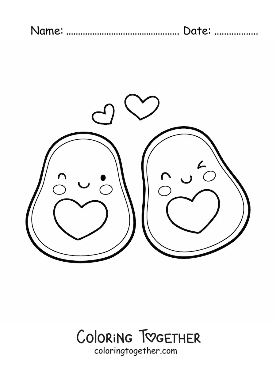 Coloring page of kawaii avocados in love