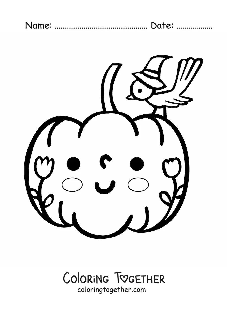 Coloring page of a kawaii pumpkin with flowers and a bird