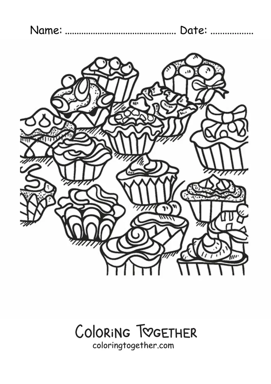 Coloring page of glazed cupcakes with bows and geometric shapes