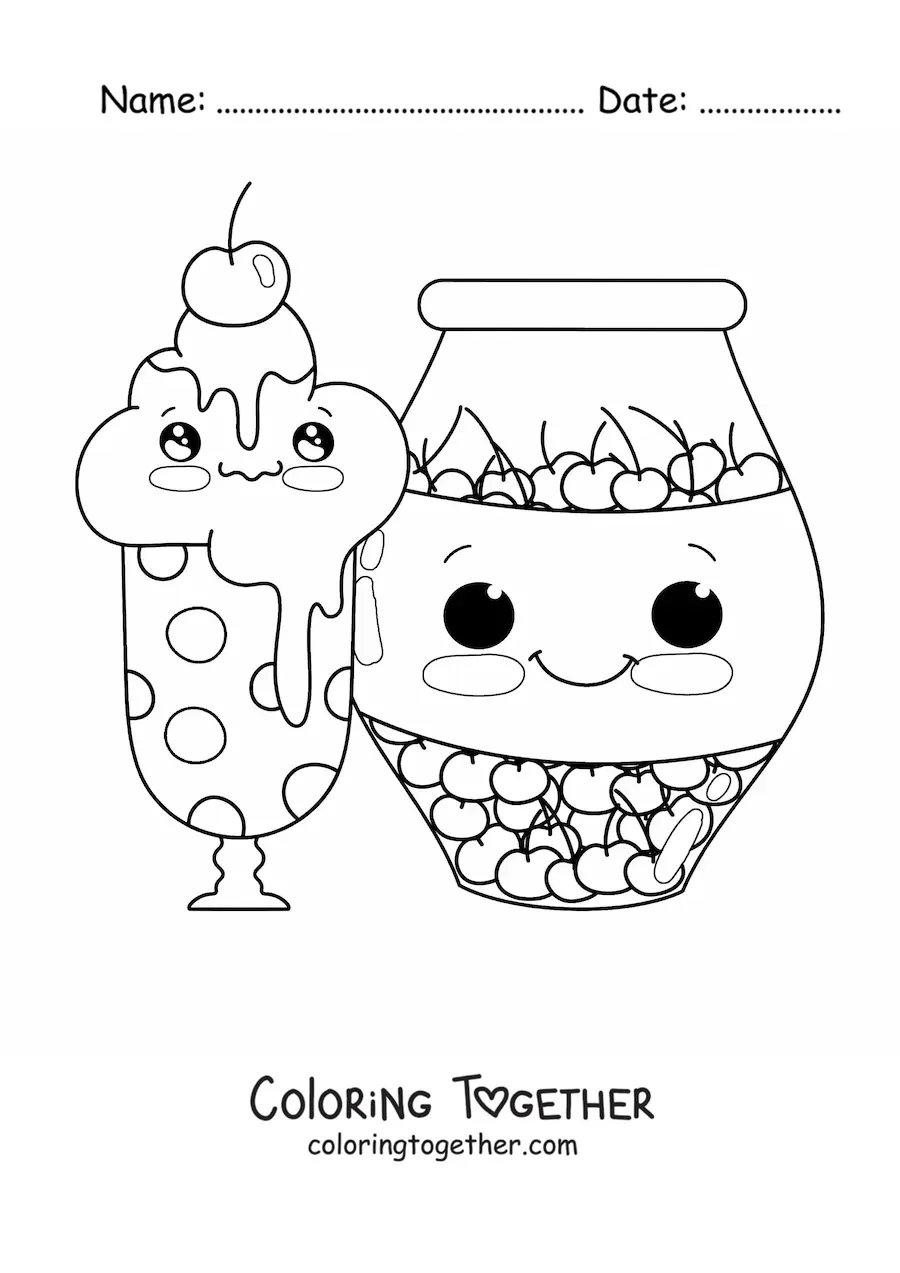 Coloring page of kawaii ice cream with a cherry