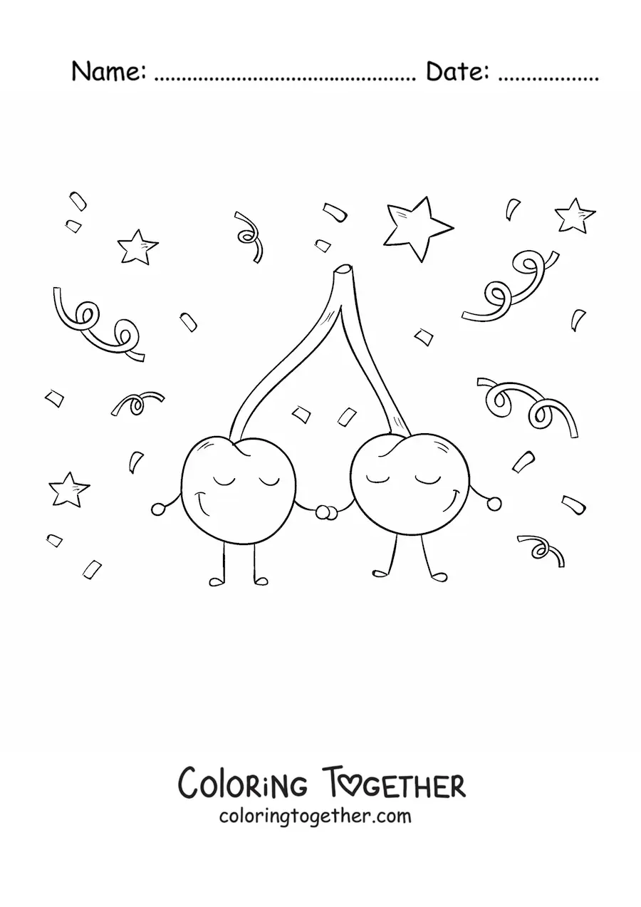 Coloring page of animated cherries at a party