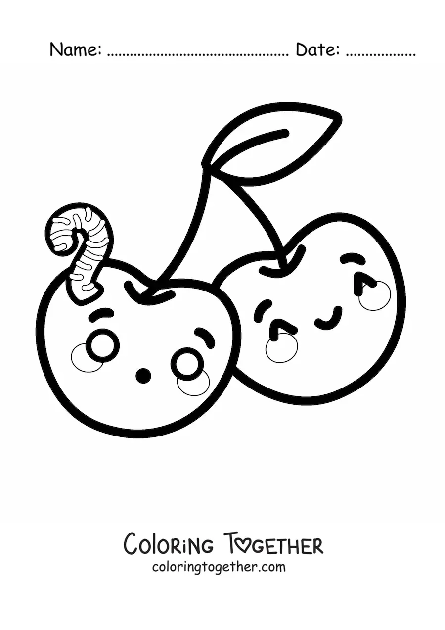 Coloring page of kawaii cherries with a worm