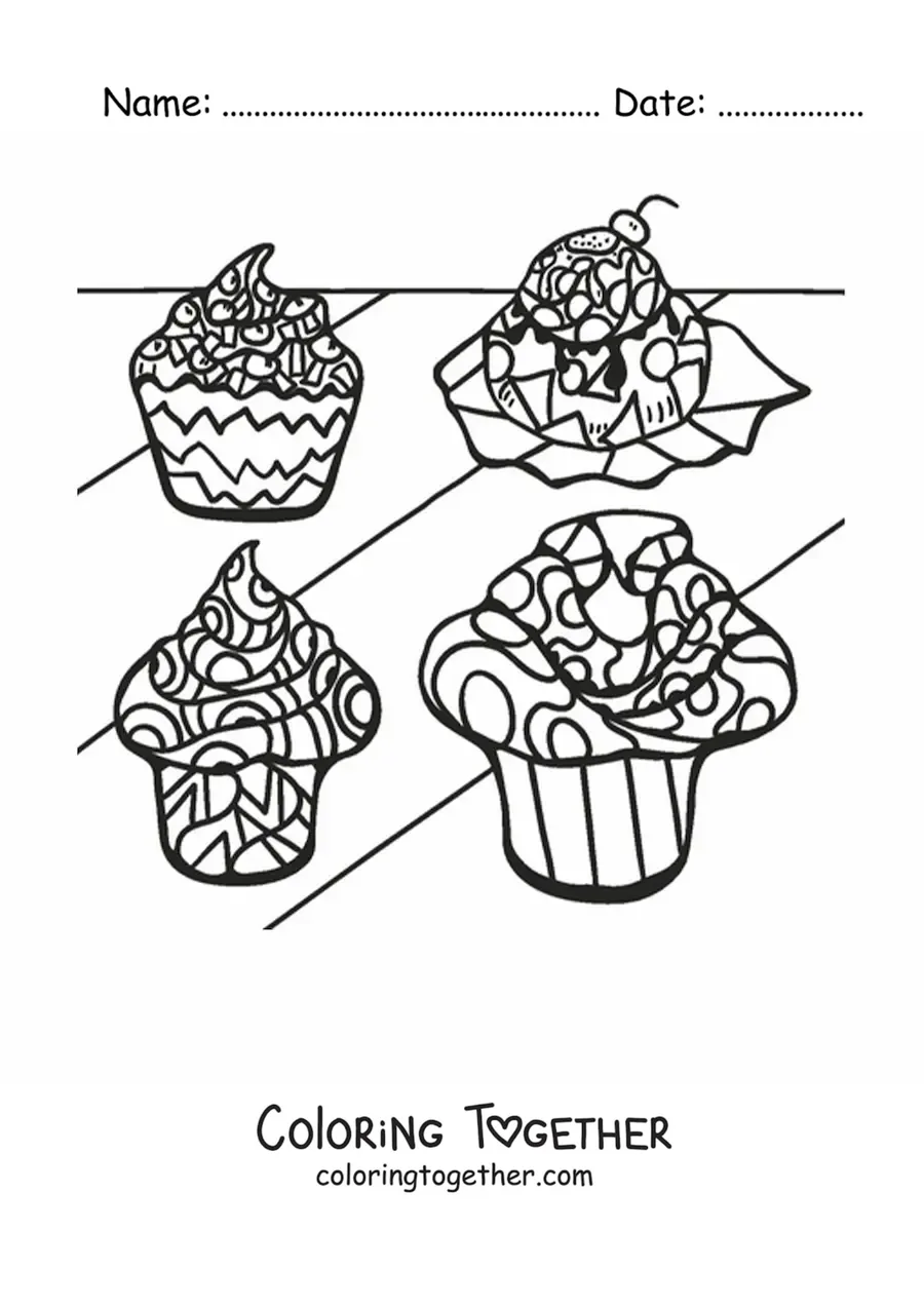 Coloring page of cupcakes with geometric shapes in the frosting