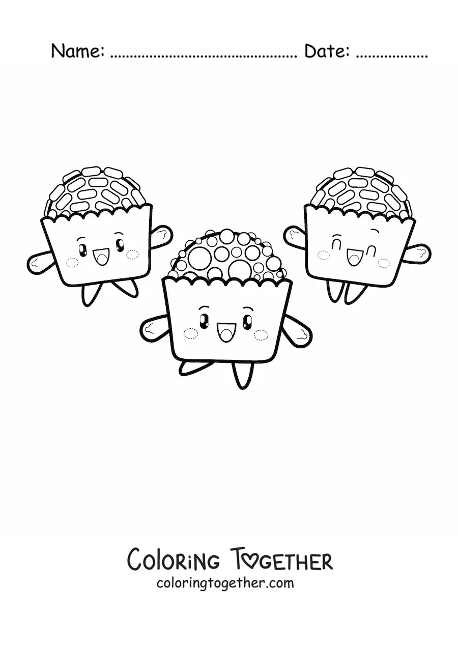 Coloring page of three animated kawaii cupcakes