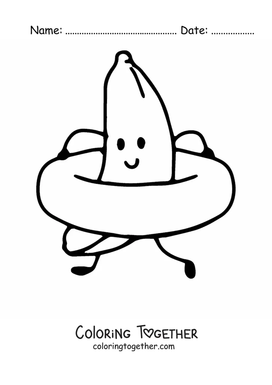 Coloring page of an animated banana at the beach