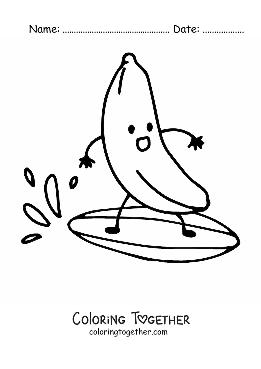 Coloring page of an animated banana surfing