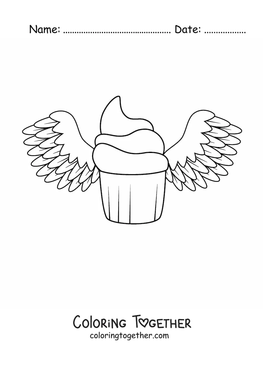 Coloring page of a glazed cupcake with wings