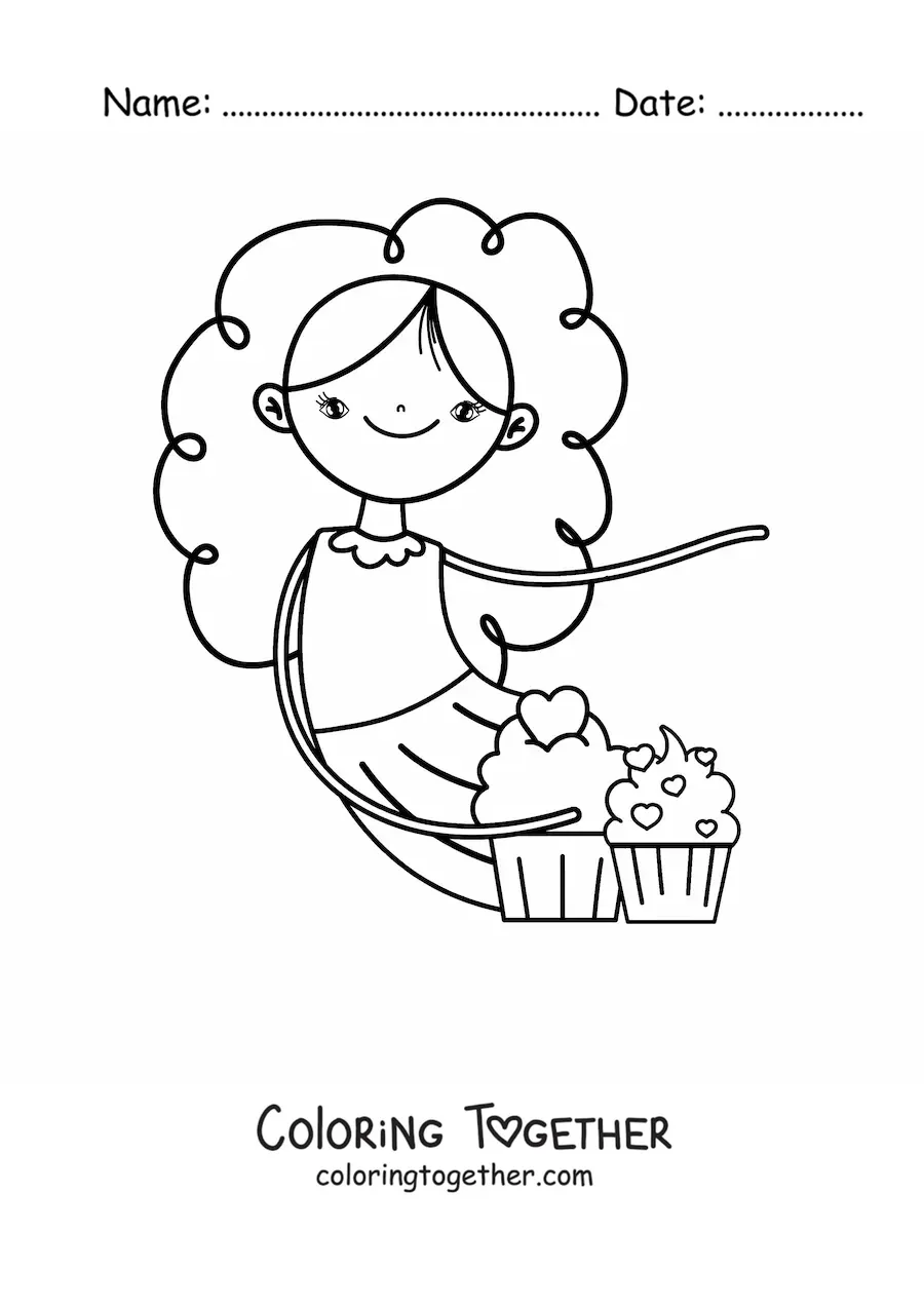 Coloring page of a girl with two glazed cupcakes with hearts