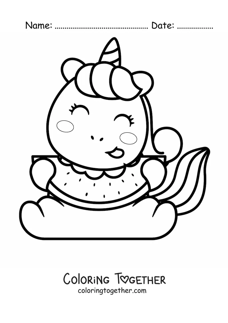 Coloring page of a unicorn eating watermelon