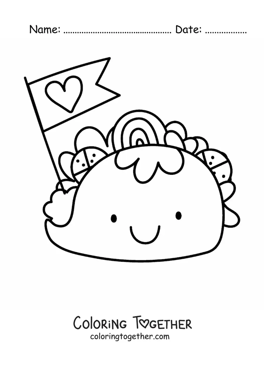 Coloring page of a kawaii taco with a heart pennant