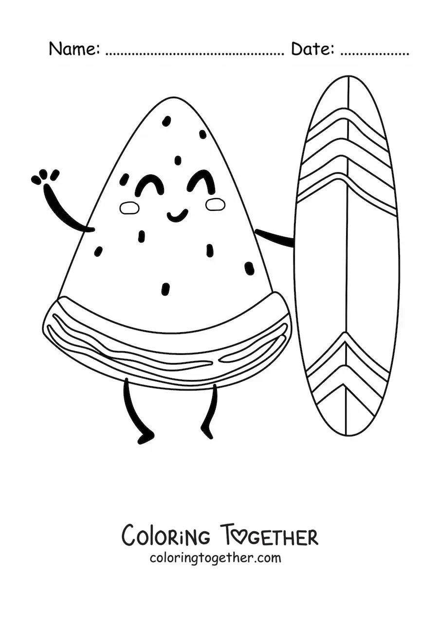 Coloring page of an animated surfer watermelon
