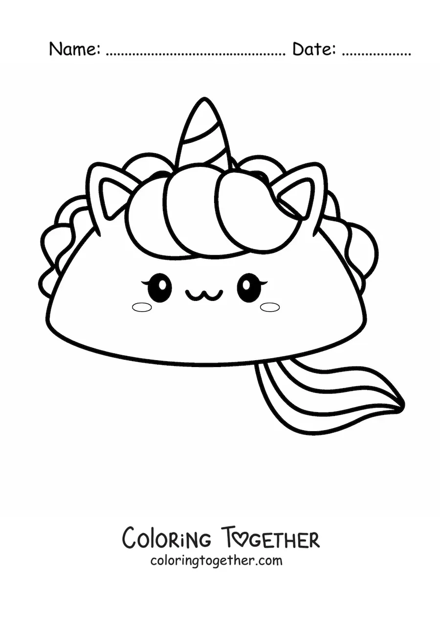 Coloring page of a kawaii unicorn taco