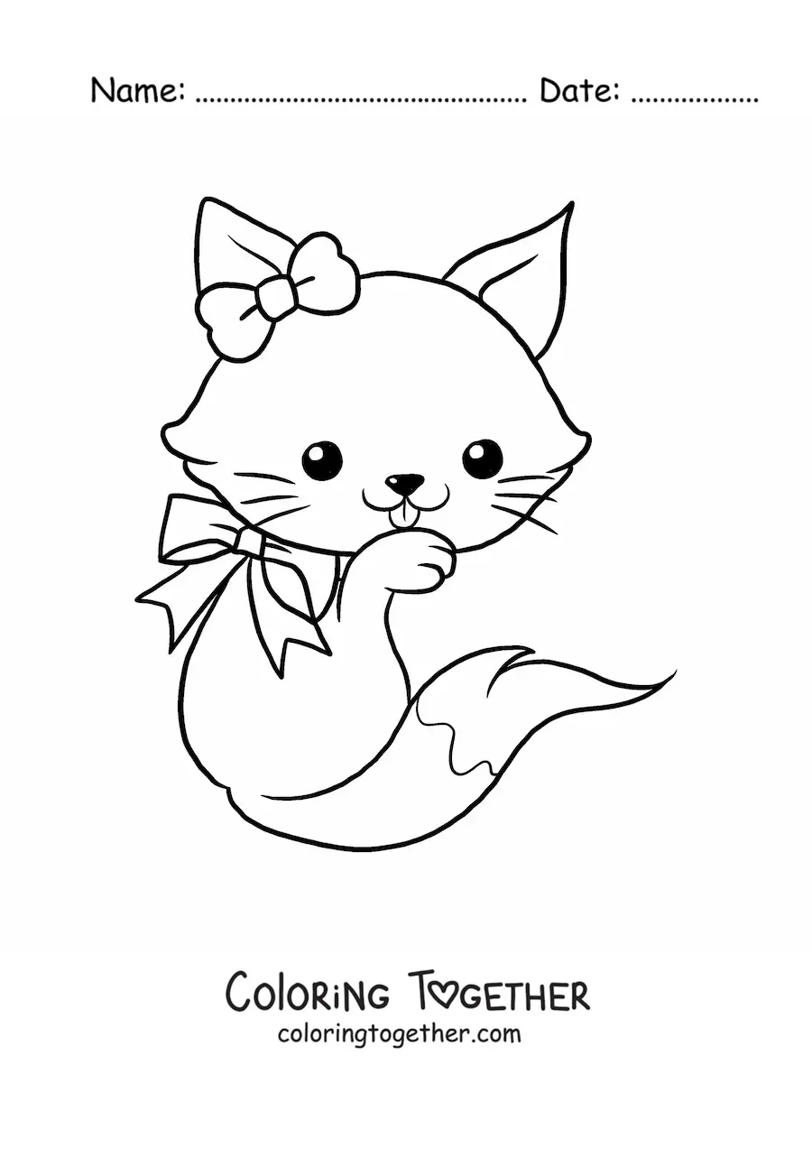 Coloring page of a big kawaii fox with a bow