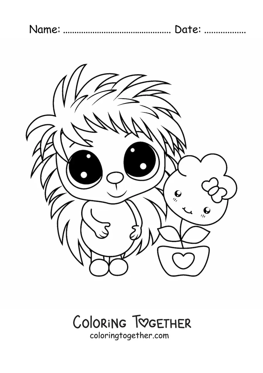 Coloring page of a big kawaii porcupine with a flower