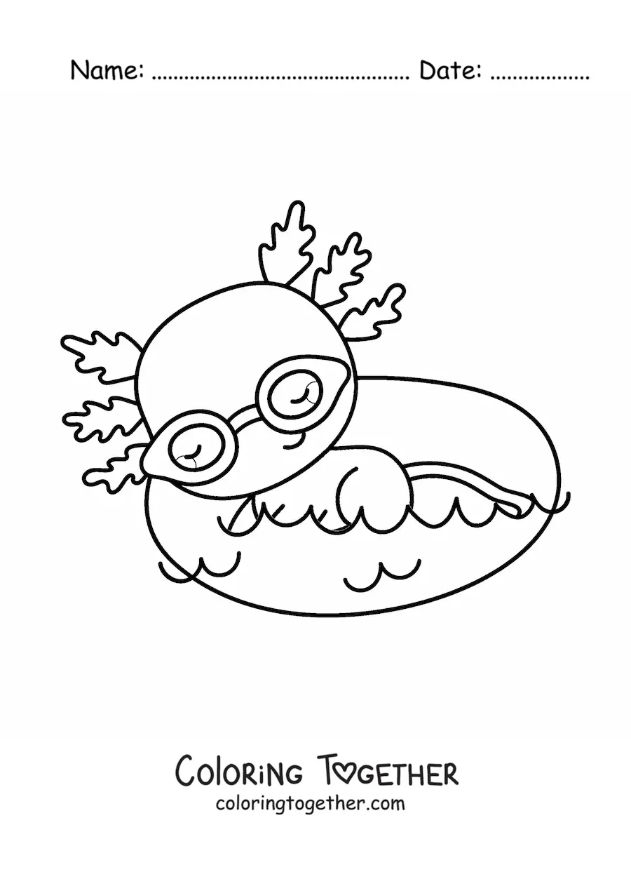 Coloring page of a big kawaii axolotl swimming
