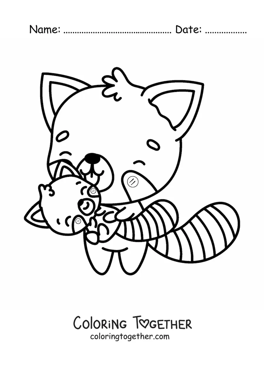 Coloring page of a kawaii red panda with its baby