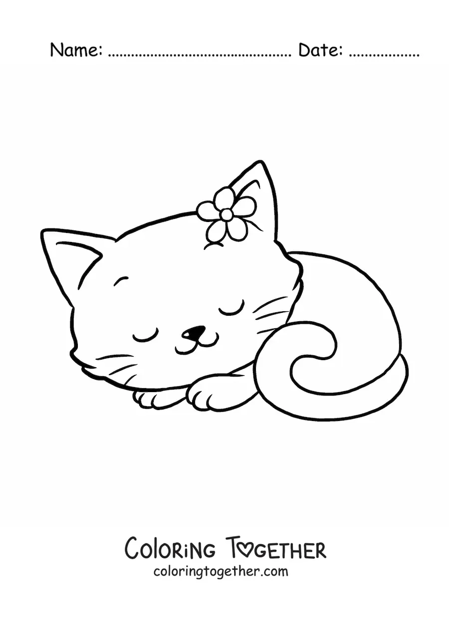 Coloring page of a big kawaii kitten with a flower