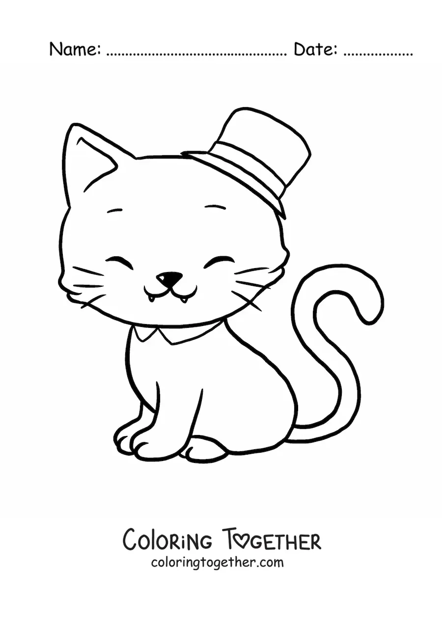 Coloring page of a big kawaii cat with a hat