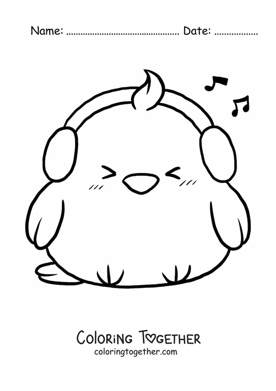 Coloring page of a kawaii chick with headphones