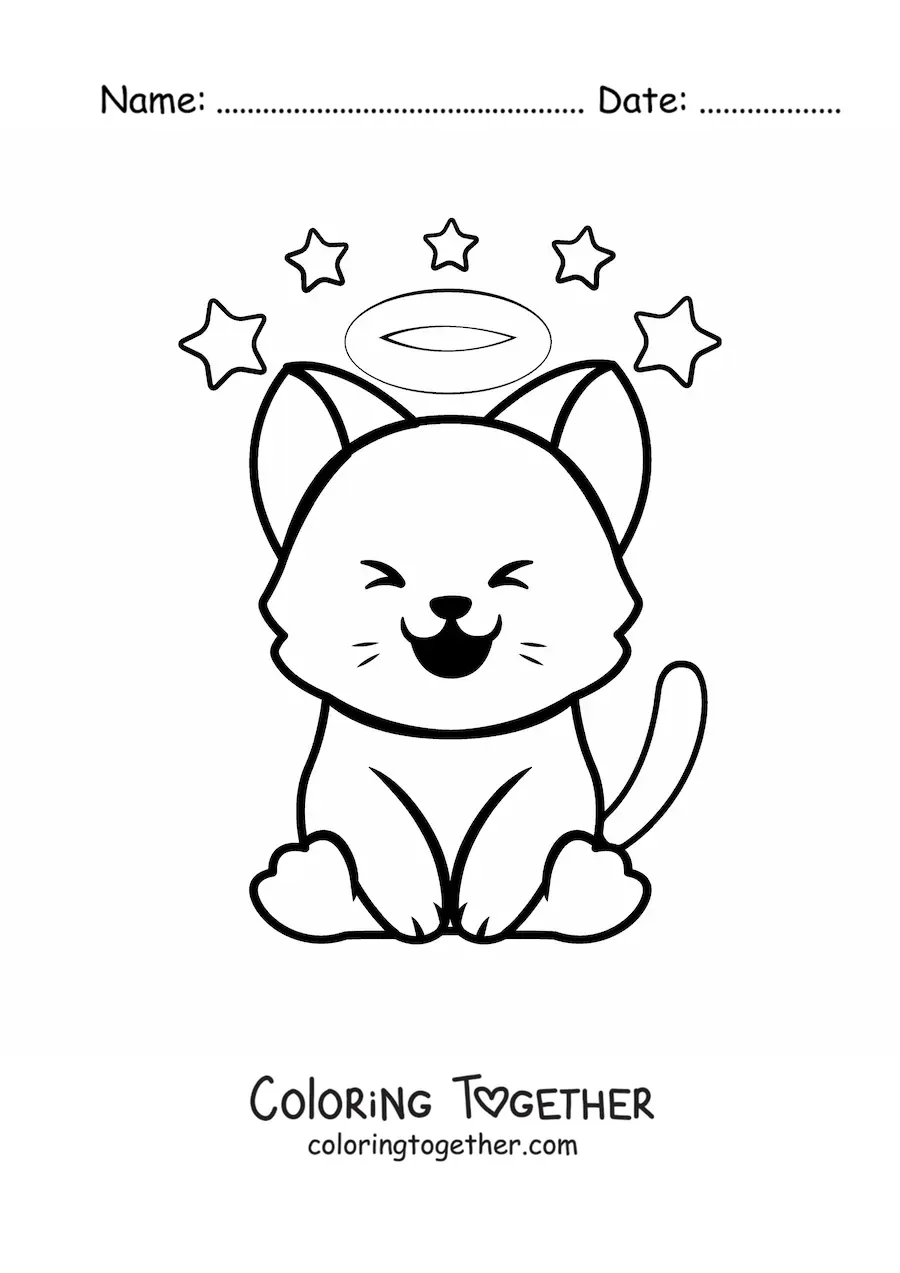 Coloring page of a kawaii cat with a halo