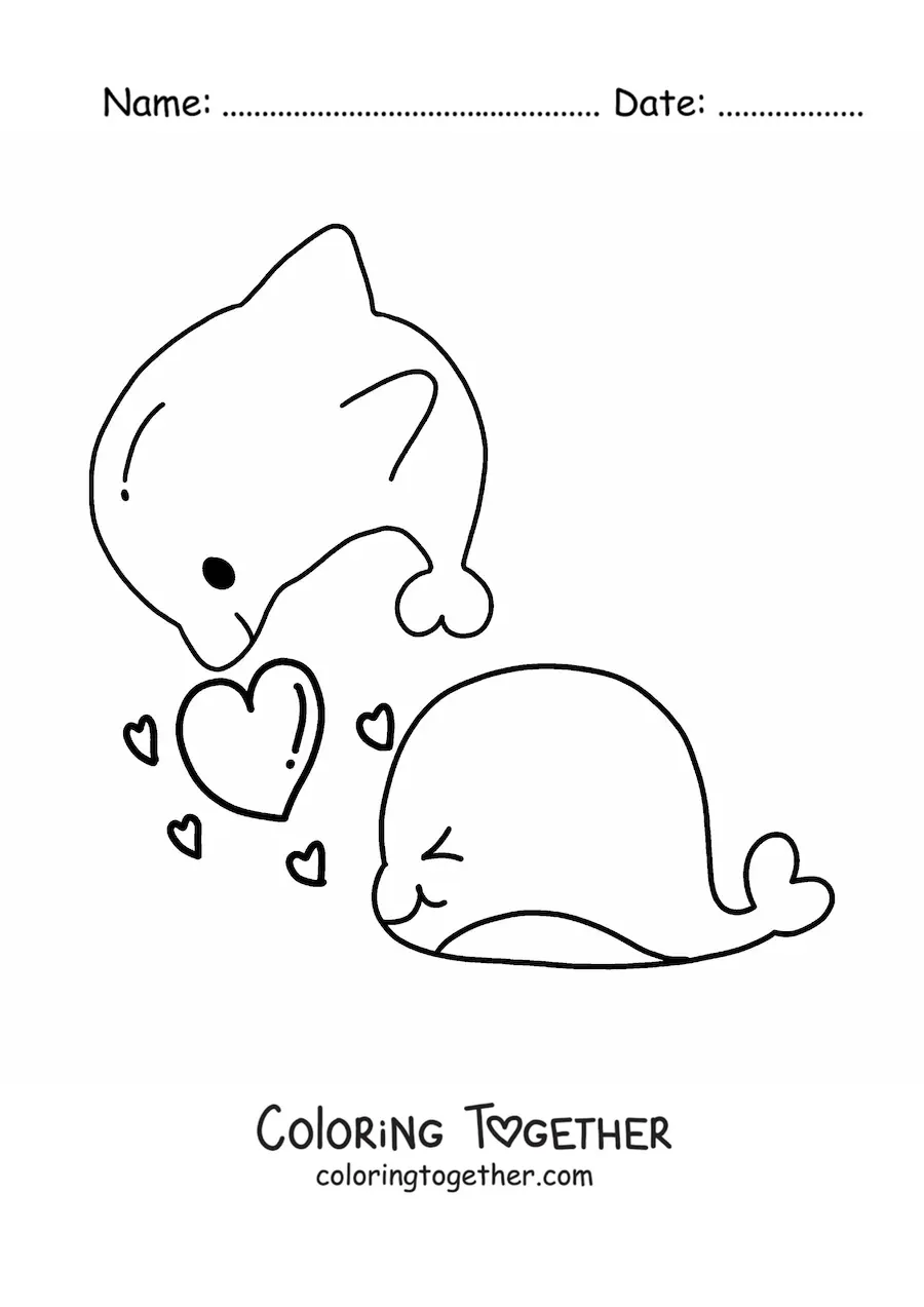 Coloring page of kawaii dolphins in love with hearts