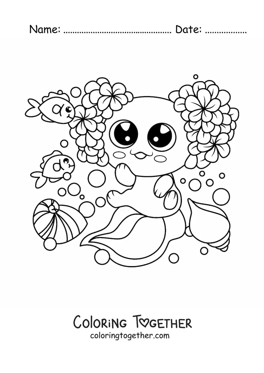Coloring page of a big kawaii axolotl with flowers