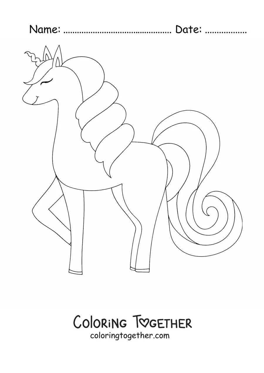 Coloring page of a big kawaii unicorn