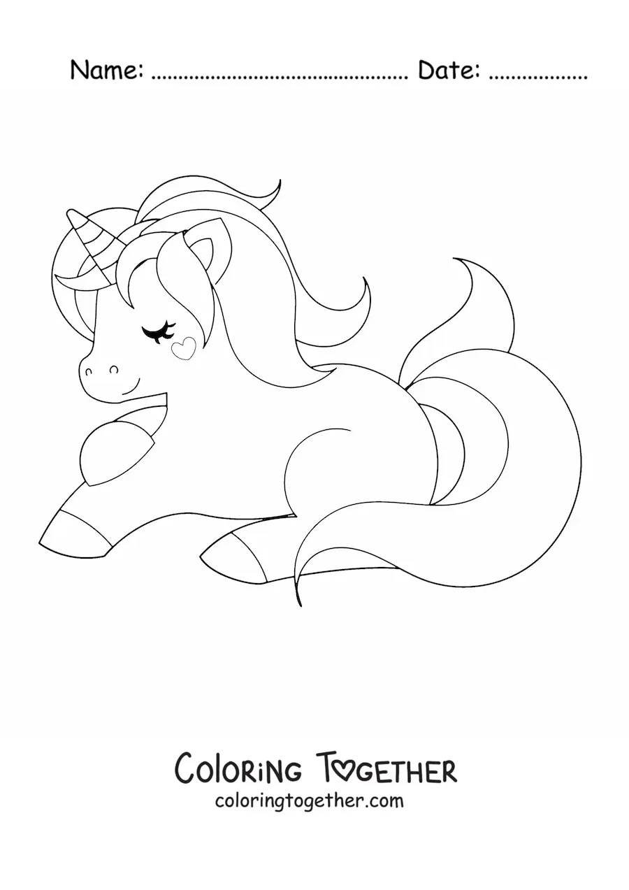 Coloring page of a kawaii unicorn lying down
