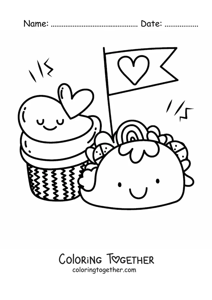 Coloring page of a kawaii taco and cupcake with a heart banner
