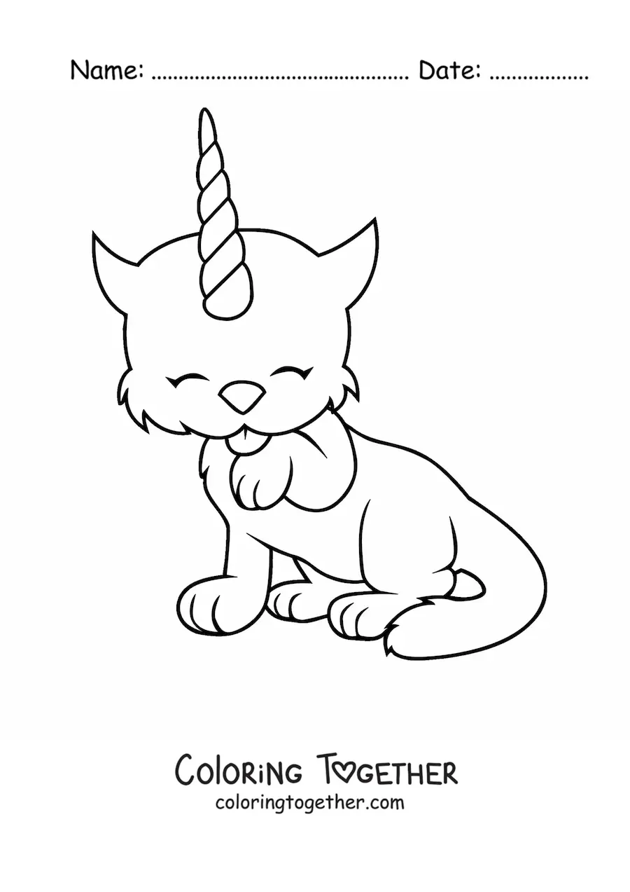 Coloring page of a unicorn cat