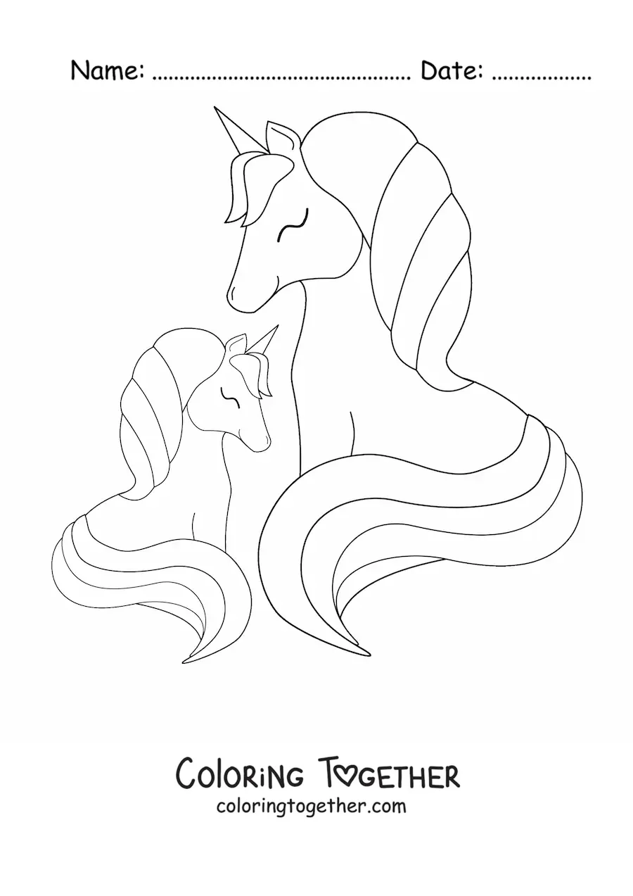 Coloring page of a unicorn family