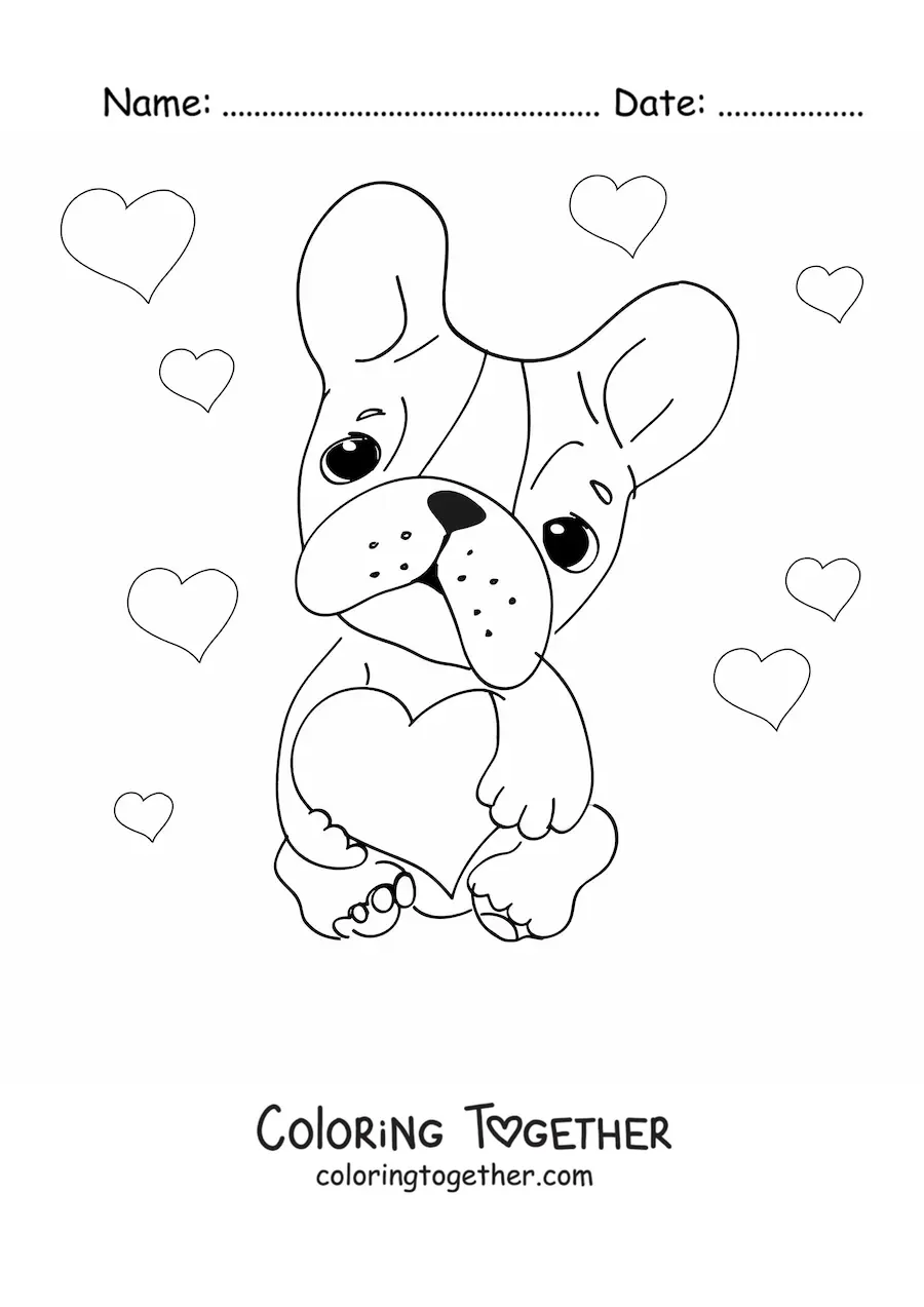 Coloring page of a French bulldog with hearts