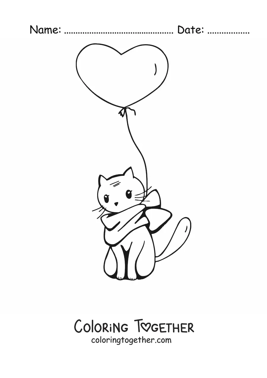 Coloring page of a kawaii cat with a heart