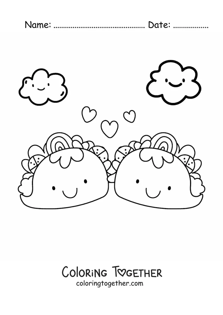Coloring page of two kawaii tacos with hearts and clouds
