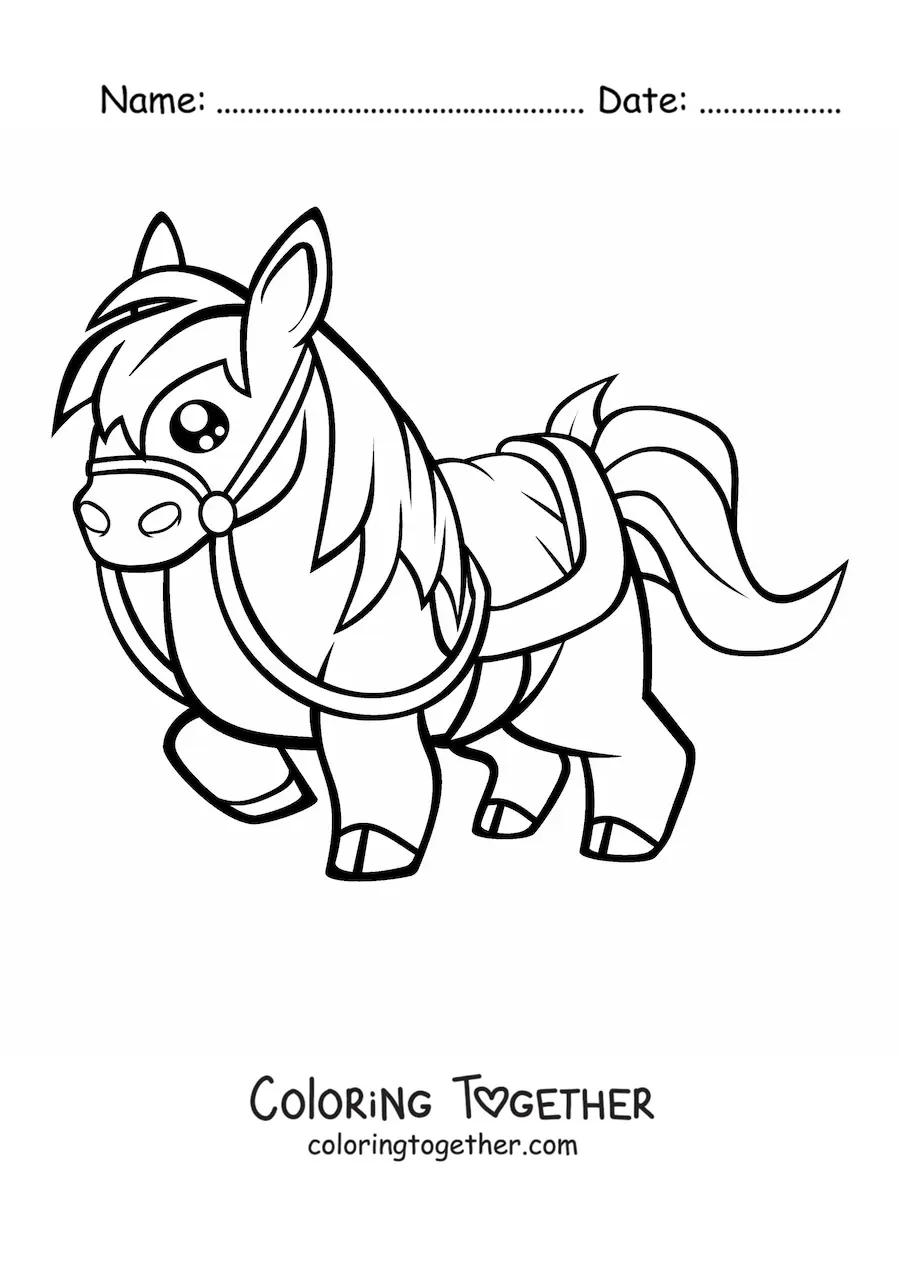 Coloring page of a saddled kawaii horse