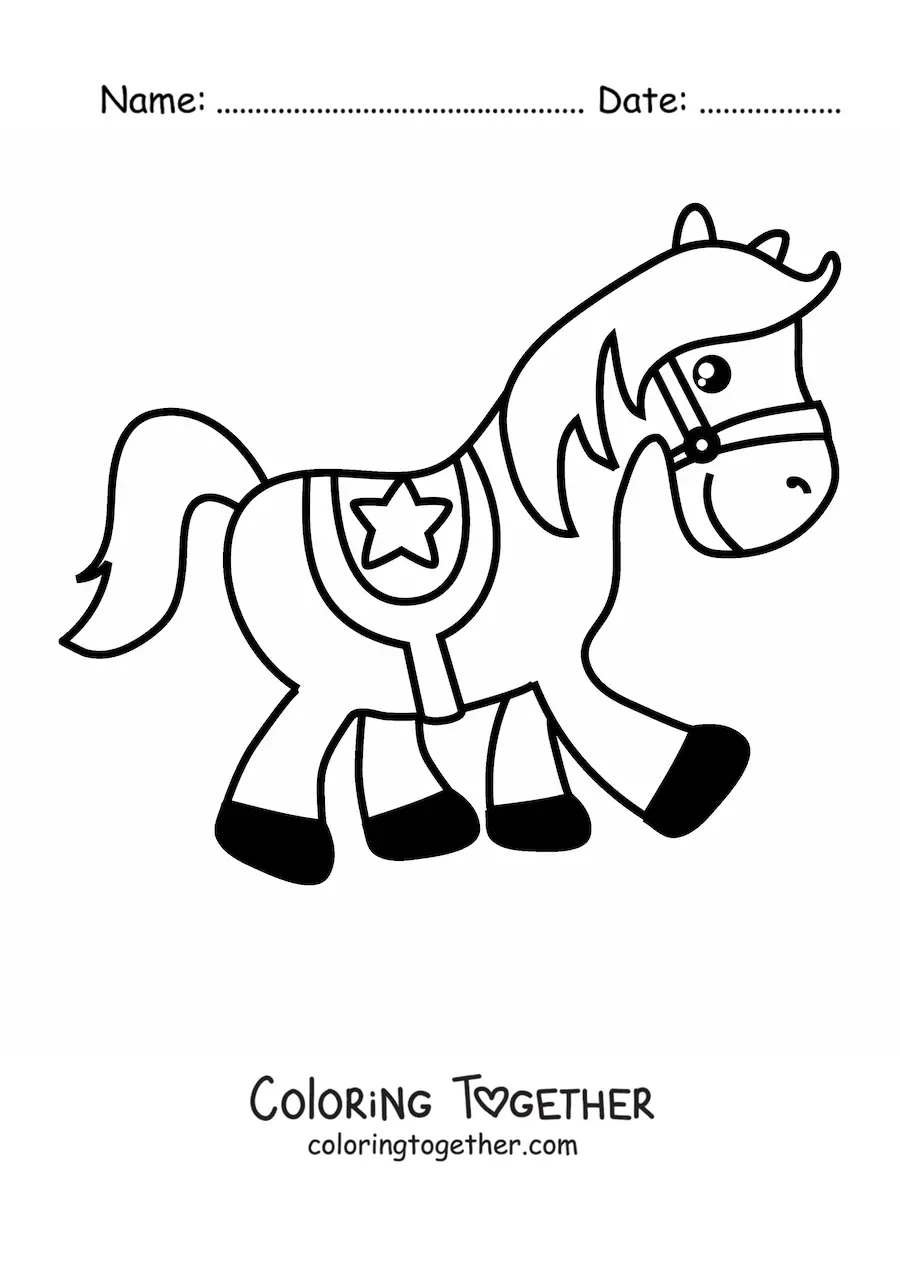 Coloring page of an easy saddled kawaii horse
