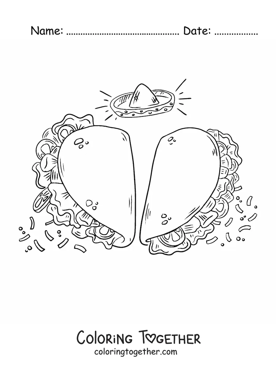 Coloring page of two heart-shaped tacos and a Mexican hat