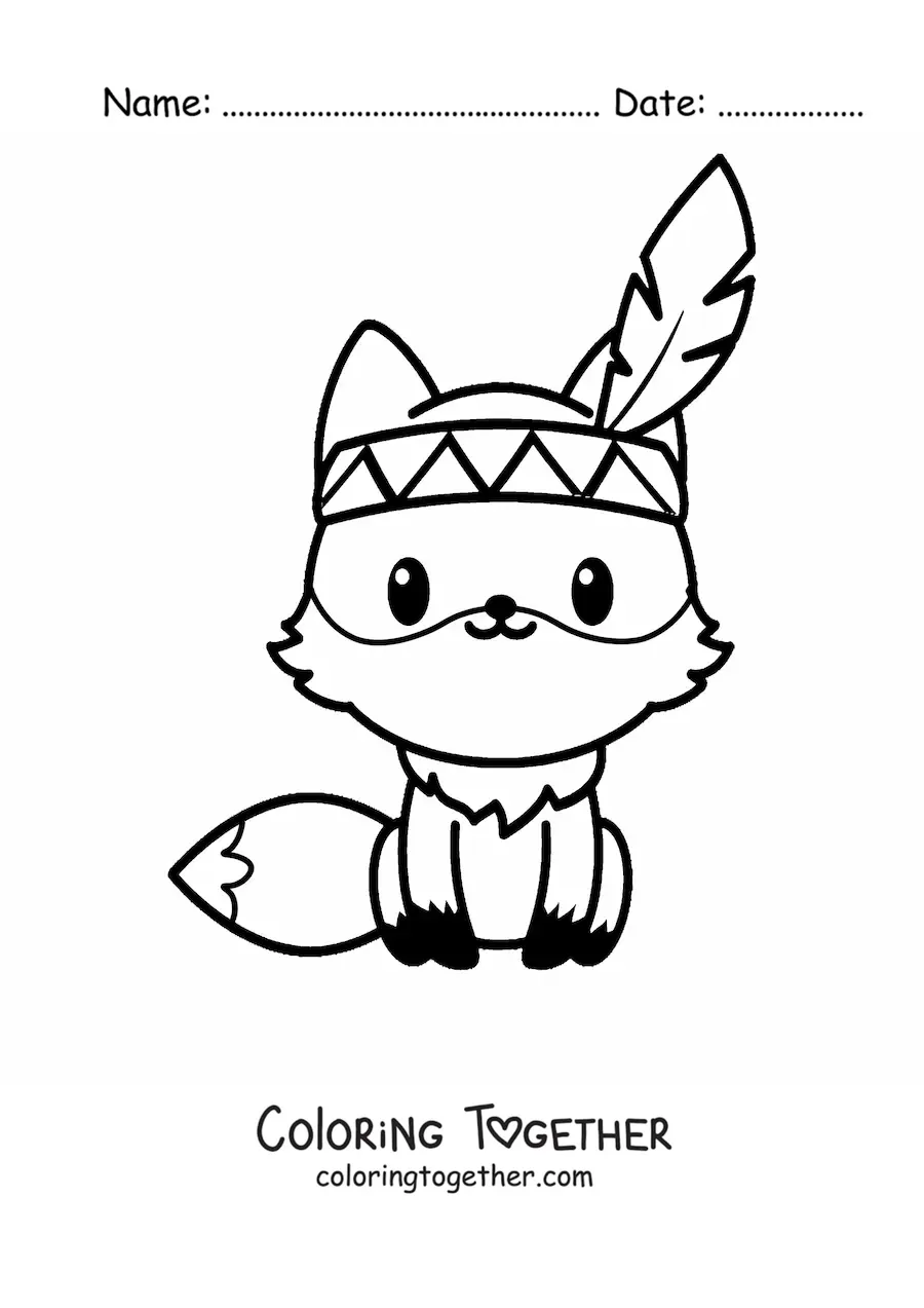 Coloring page of a kawaii fox with a feather