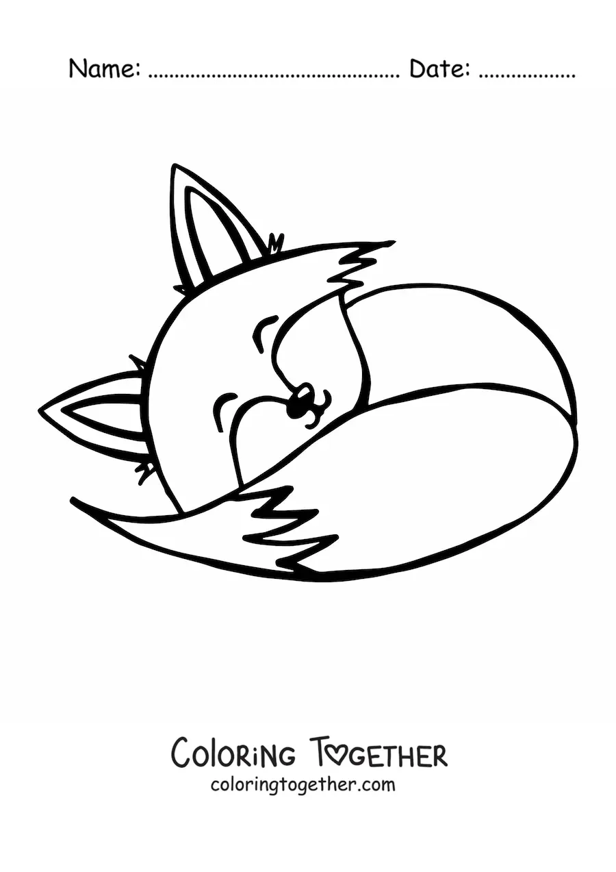 Coloring page of a kawaii fox sleeping