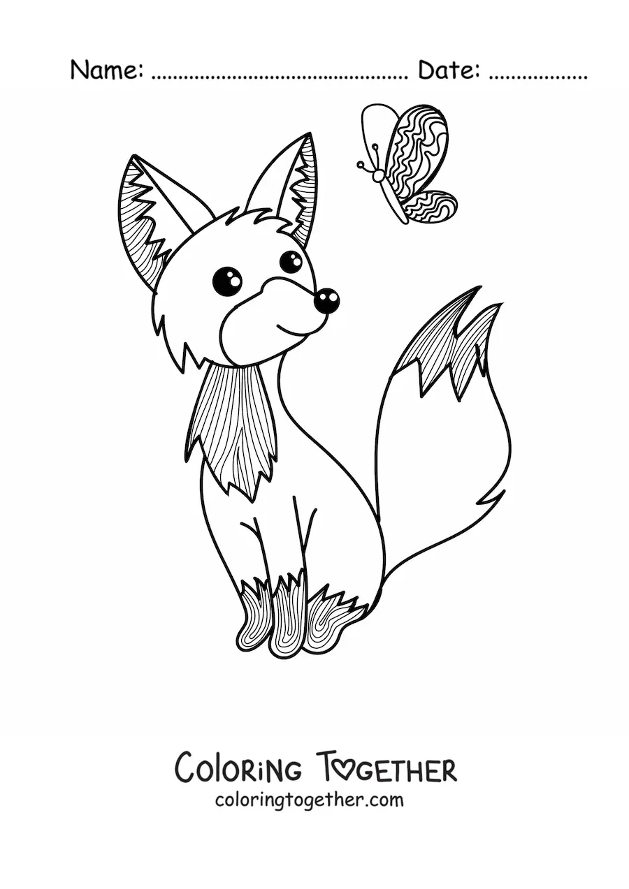 Coloring page of a fox and a butterfly