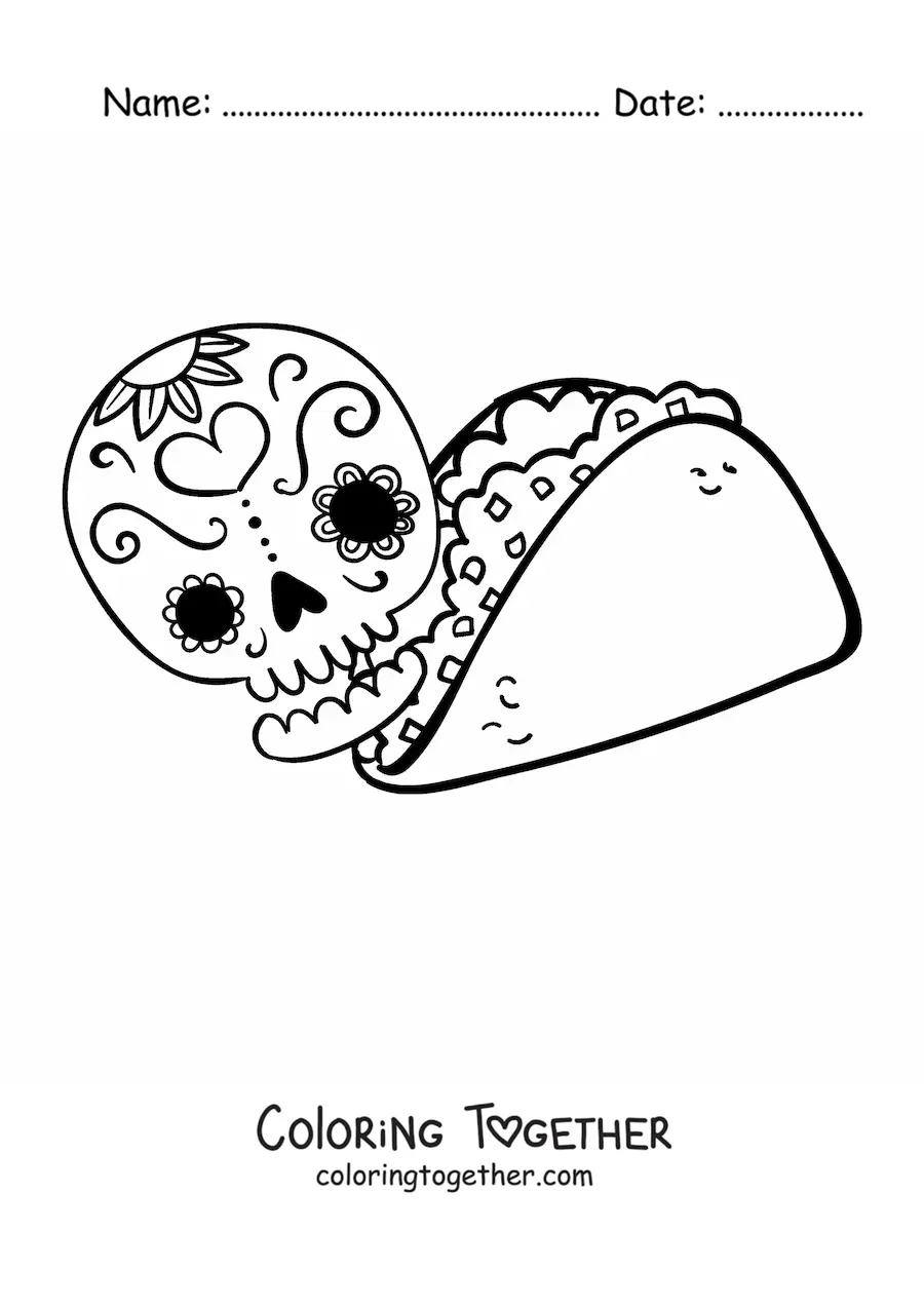 Coloring page of a taco with a Mexican catrina